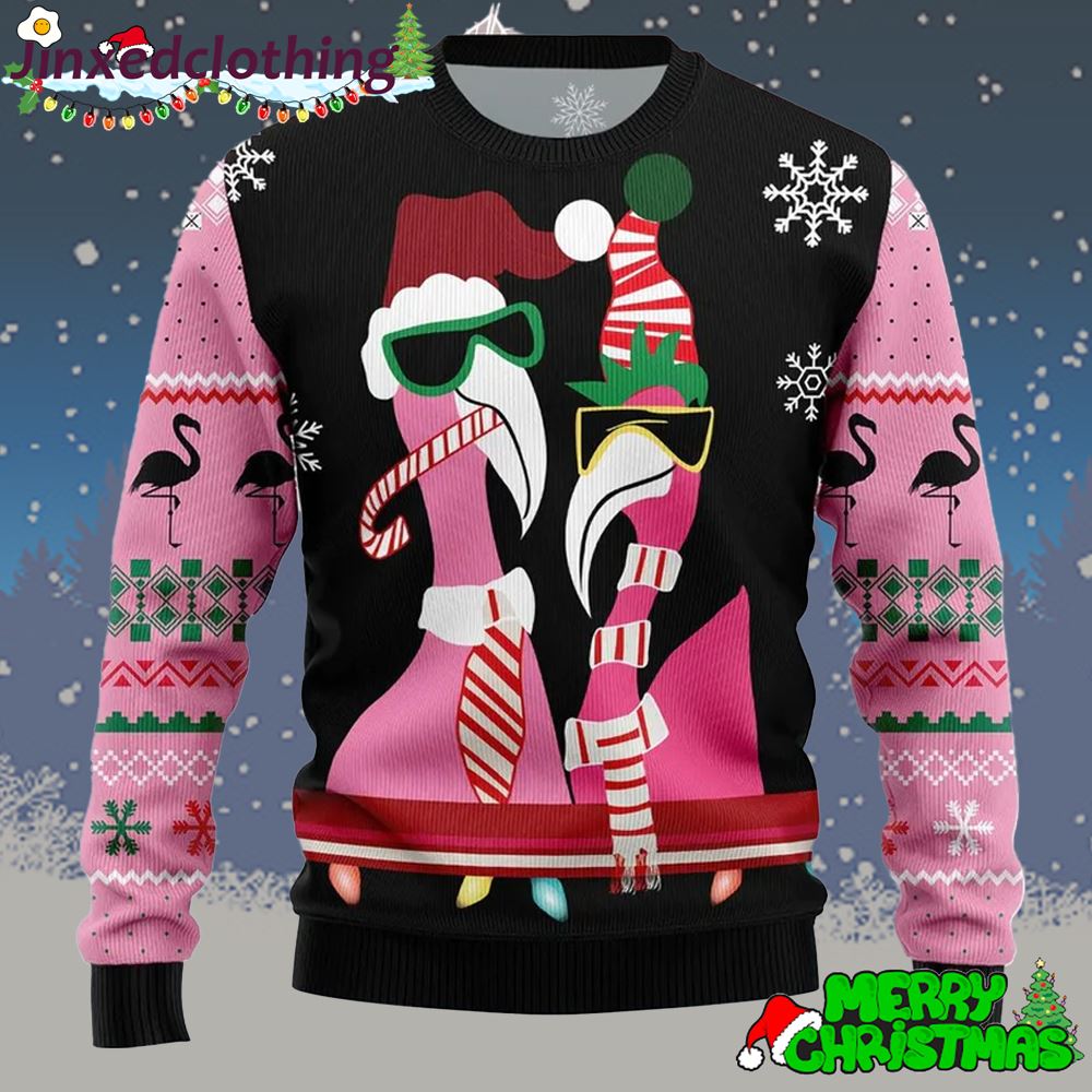 Christmas Ugly Sweater Candy Cane Flamingo Fun Print Crew Neck Sweatshirt Christmas 